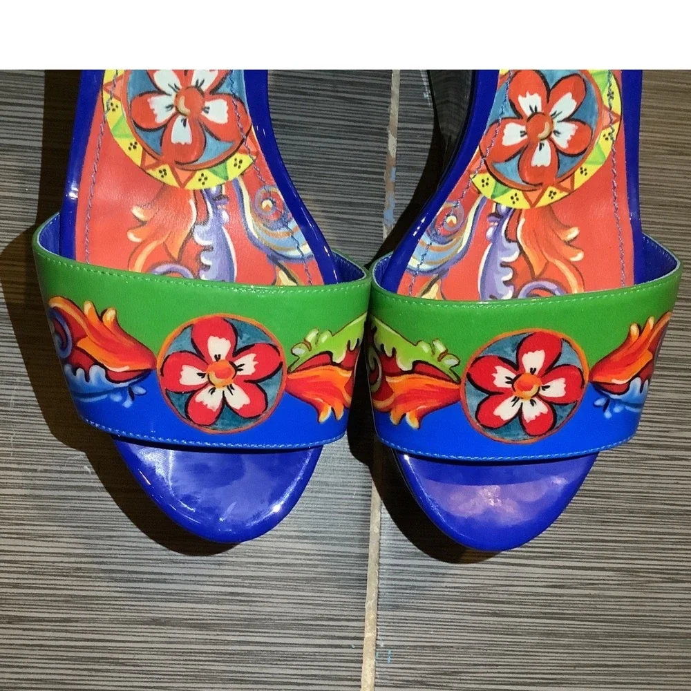 Dolce & Gabbana Carretto Siciliano Print Wedge‎ Sandals Blue Patent Leather 37